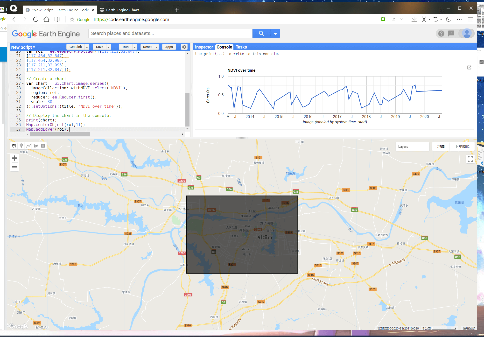 Google Earth Engine学习笔记2：基本语法与使用、NDVI实例练习